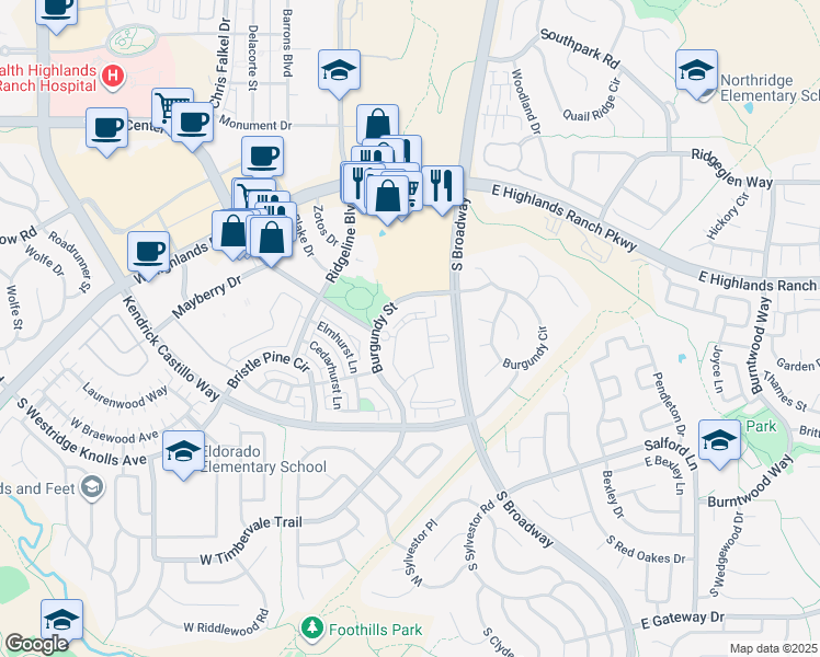 map of restaurants, bars, coffee shops, grocery stores, and more near 450 West Burgundy Street in Highlands Ranch