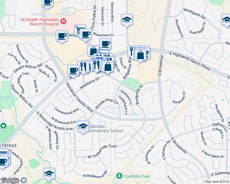 map of restaurants, bars, coffee shops, grocery stores, and more near 750 South Ridgeline Boulevard in Highlands Ranch