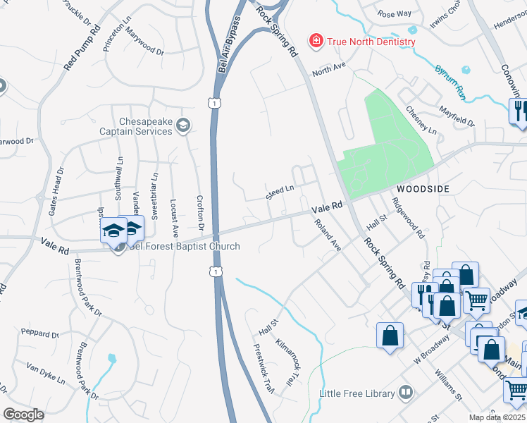 map of restaurants, bars, coffee shops, grocery stores, and more near 216 Steed Lane in Bel Air