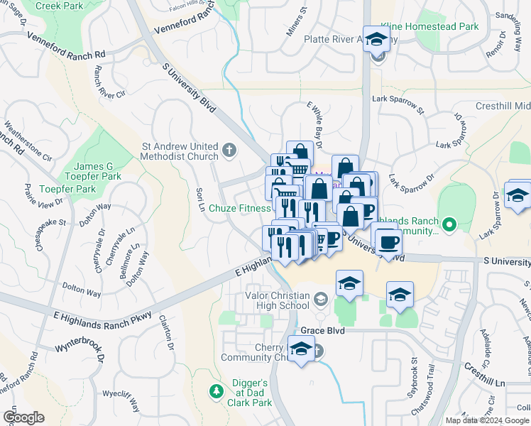 map of restaurants, bars, coffee shops, grocery stores, and more near 9457 South University Boulevard in Highlands Ranch