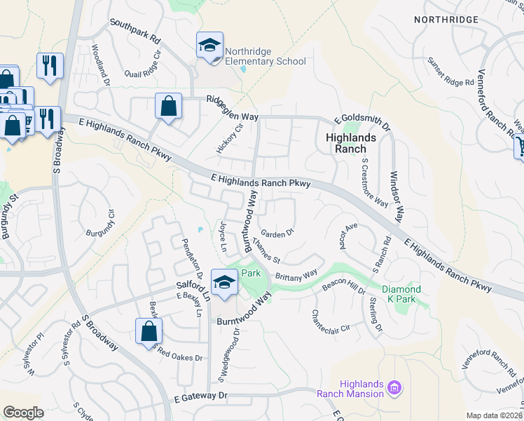 map of restaurants, bars, coffee shops, grocery stores, and more near 9461 Garden Court in Littleton