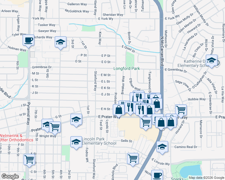 map of restaurants, bars, coffee shops, grocery stores, and more near 1203 Probasco Way in Sparks
