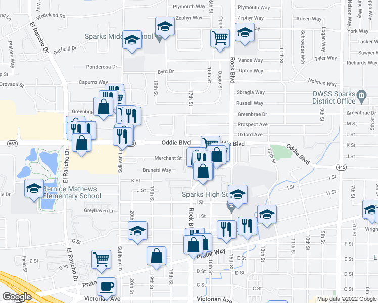 map of restaurants, bars, coffee shops, grocery stores, and more near 10 Merchant Street in Sparks