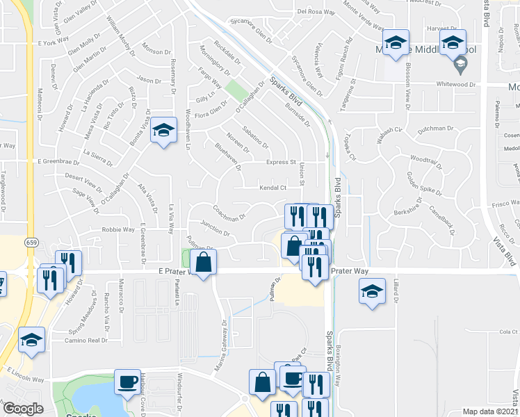 map of restaurants, bars, coffee shops, grocery stores, and more near 1375 Coachman Drive in Sparks