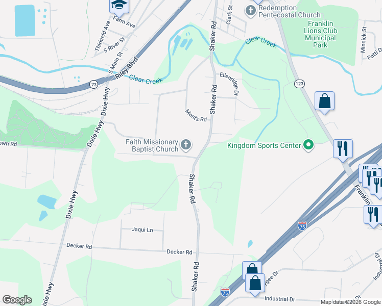 map of restaurants, bars, coffee shops, grocery stores, and more near 6900 Shaker Road in Franklin