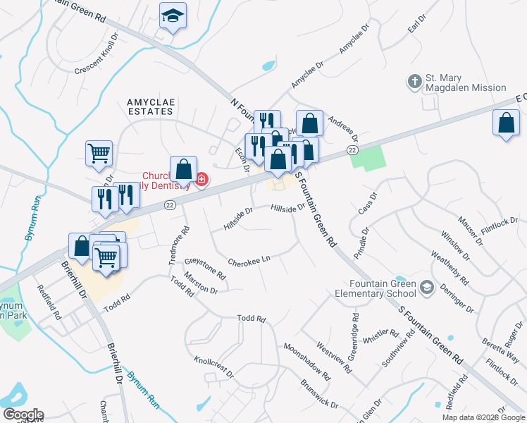 map of restaurants, bars, coffee shops, grocery stores, and more near 1507 Hillside Drive in Bel Air
