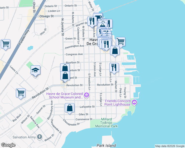 map of restaurants, bars, coffee shops, grocery stores, and more near 318 South Union Avenue in Havre de Grace