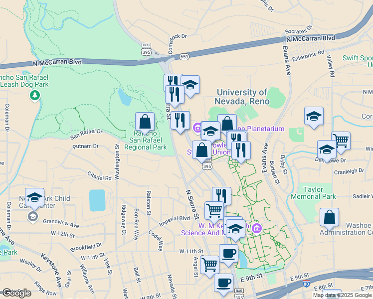 map of restaurants, bars, coffee shops, grocery stores, and more near 1601 North Virginia Street in Reno