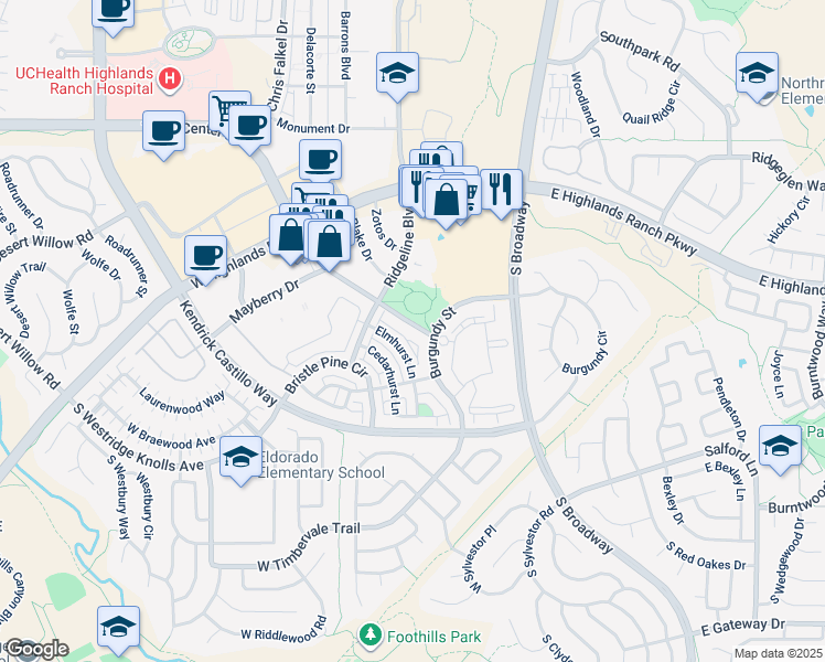 map of restaurants, bars, coffee shops, grocery stores, and more near 580 Green Ash Street in Littleton