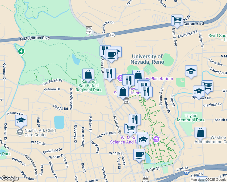 map of restaurants, bars, coffee shops, grocery stores, and more near 1605 North Virginia Street in Reno