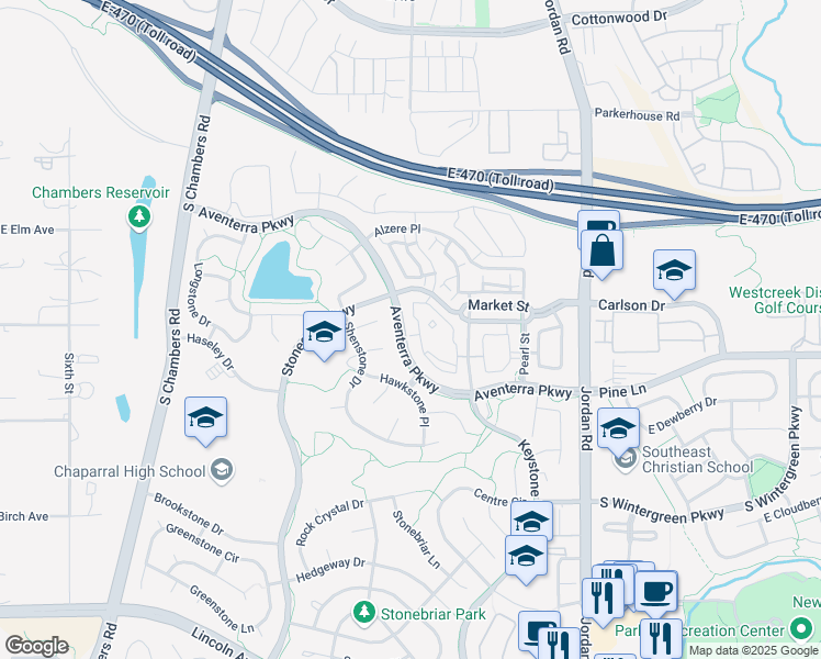 map of restaurants, bars, coffee shops, grocery stores, and more near 9447 Aventerra Parkway in Parker