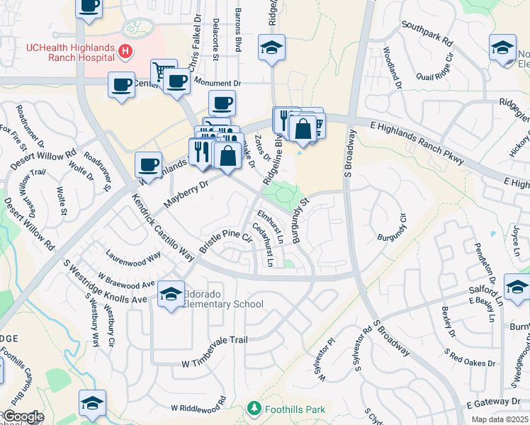 map of restaurants, bars, coffee shops, grocery stores, and more near 9461 Elmhurst Lane in Highlands Ranch
