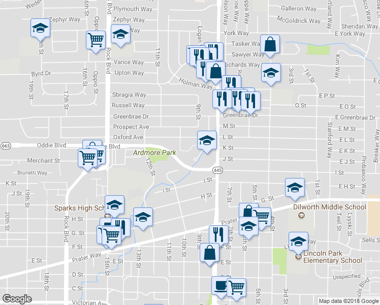map of restaurants, bars, coffee shops, grocery stores, and more near 1305 Pyramid Way in Sparks