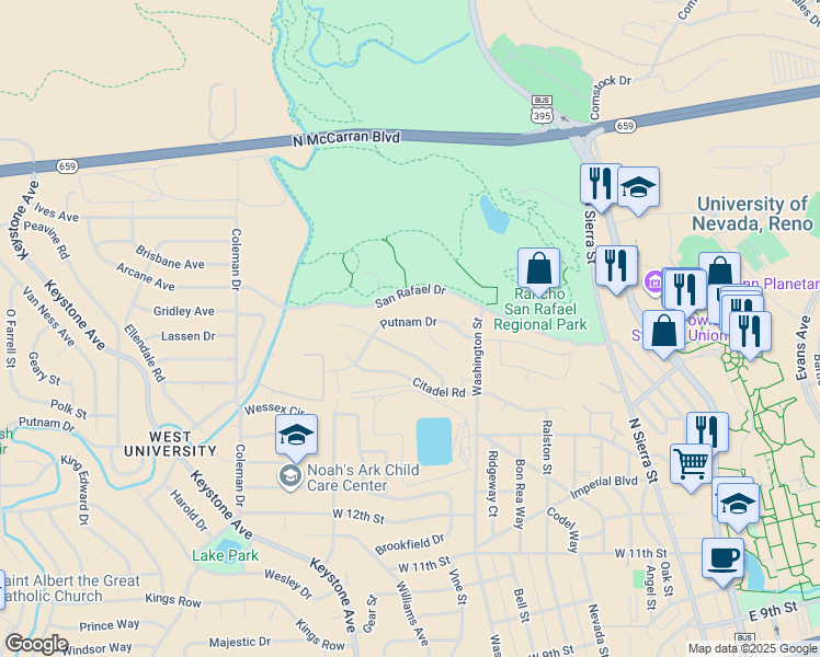 map of restaurants, bars, coffee shops, grocery stores, and more near 1482 Highland Pines Drive in Reno