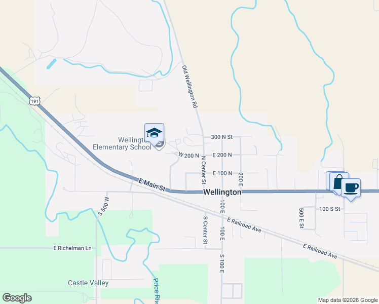map of restaurants, bars, coffee shops, grocery stores, and more near 90 West 200 North in Wellington