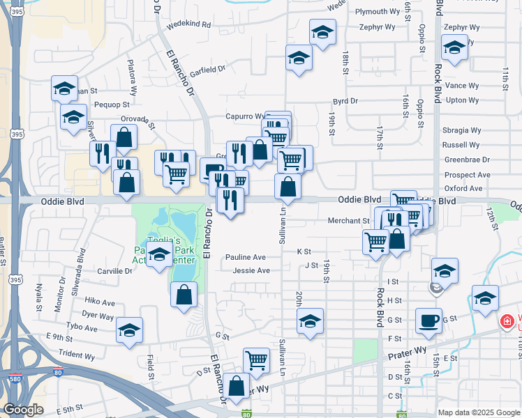 map of restaurants, bars, coffee shops, grocery stores, and more near 2125 Oddie Boulevard in Sparks
