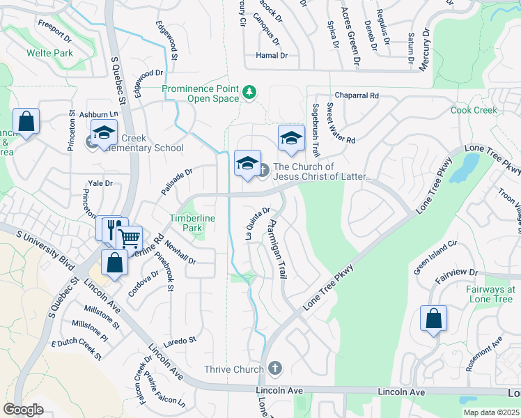 map of restaurants, bars, coffee shops, grocery stores, and more near 7501 La Quinta Cove in Lone Tree