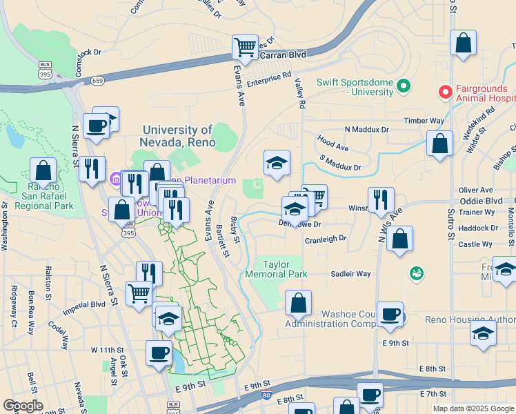 map of restaurants, bars, coffee shops, grocery stores, and more near 311 Denslowe Drive in Reno