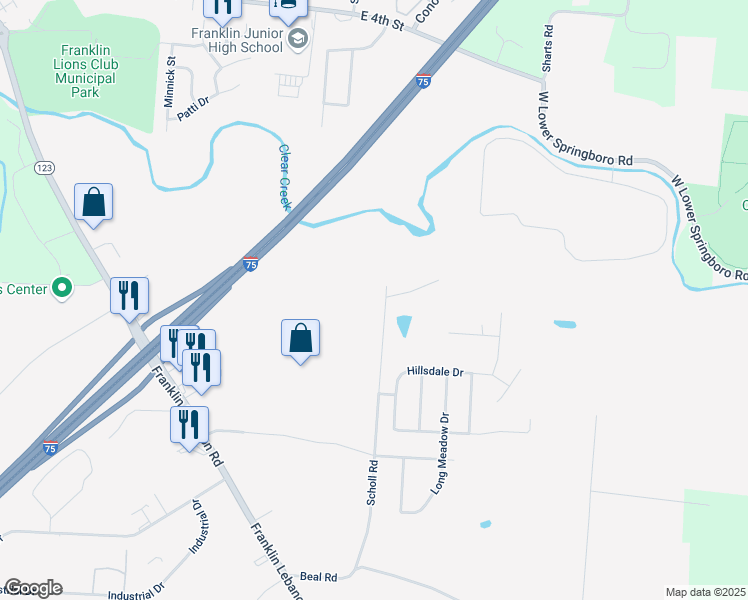 map of restaurants, bars, coffee shops, grocery stores, and more near 6975 Scholl Road in Franklin
