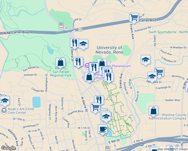 map of restaurants, bars, coffee shops, grocery stores, and more near 1664 North Virginia Street in Reno