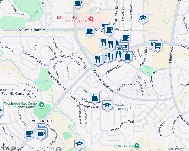 map of restaurants, bars, coffee shops, grocery stores, and more near 1255 Carlyle Park Circle in Littleton