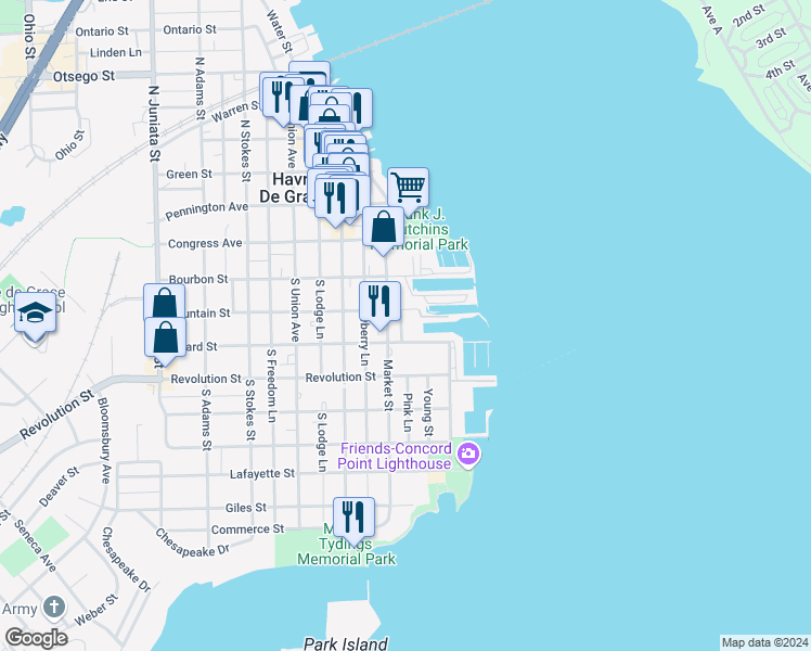 map of restaurants, bars, coffee shops, grocery stores, and more near 313 Red Head Way in Havre de Grace