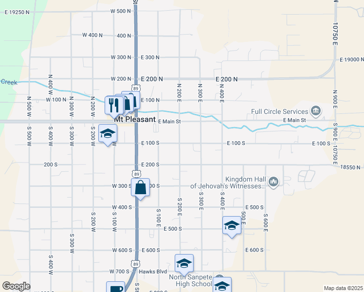 map of restaurants, bars, coffee shops, grocery stores, and more near 109 South 200 East in Mount Pleasant