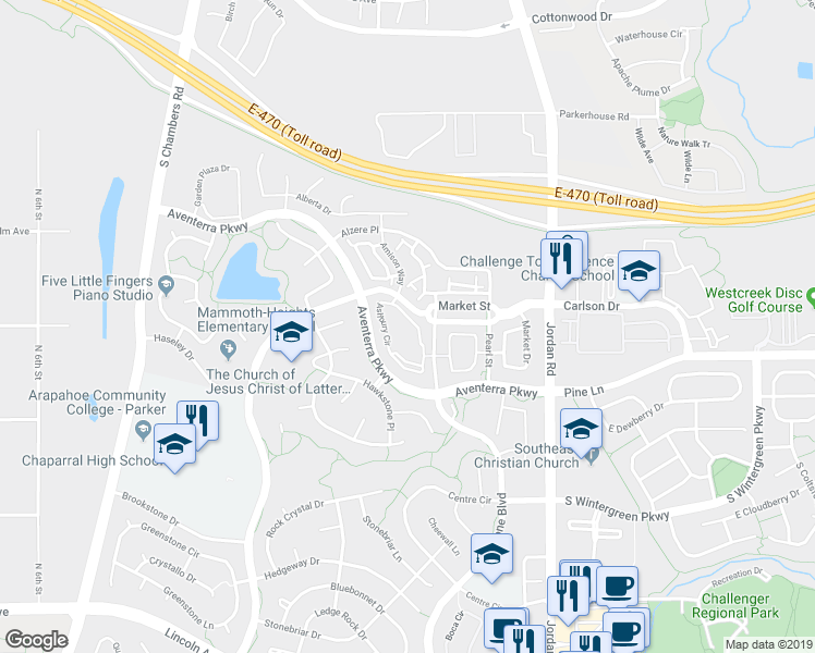 map of restaurants, bars, coffee shops, grocery stores, and more near 9382 Ashbury Circle in Parker