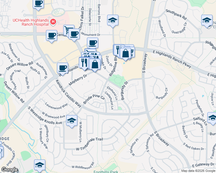 map of restaurants, bars, coffee shops, grocery stores, and more near 9461 Elmhurst Lane in Highlands Ranch
