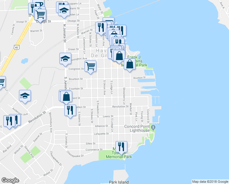 map of restaurants, bars, coffee shops, grocery stores, and more near 310 South Washington Street in Havre de Grace
