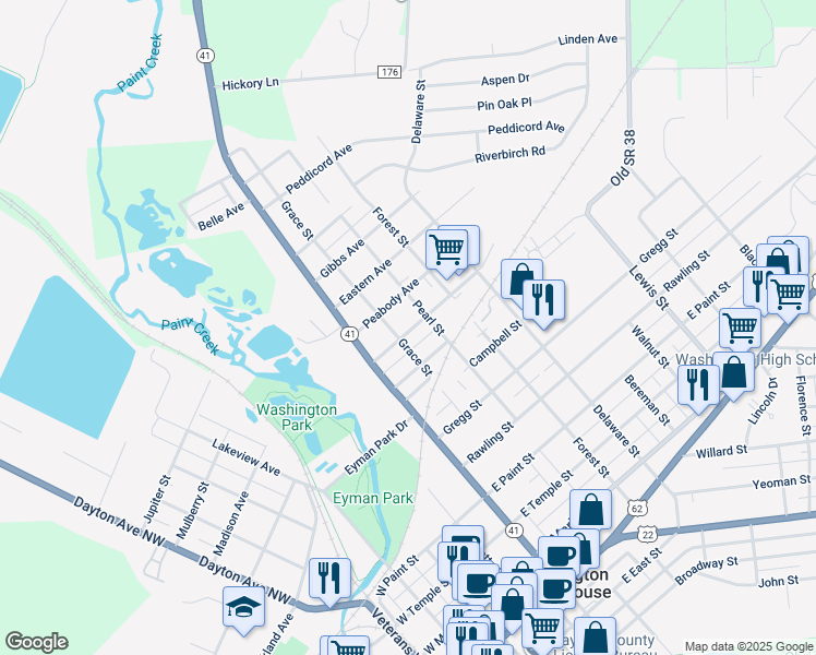map of restaurants, bars, coffee shops, grocery stores, and more near 412 Rose Avenue in Washington Ct Hs