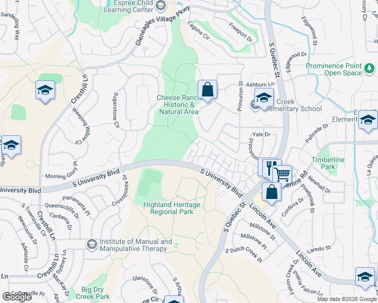 map of restaurants, bars, coffee shops, grocery stores, and more near 9467 Crossland Way in Littleton
