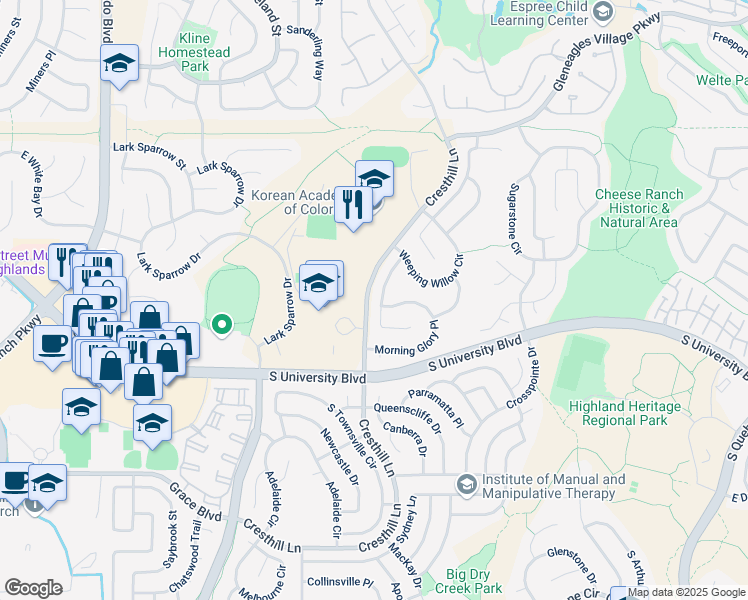 map of restaurants, bars, coffee shops, grocery stores, and more near 9425 Morning Glory Lane in Littleton