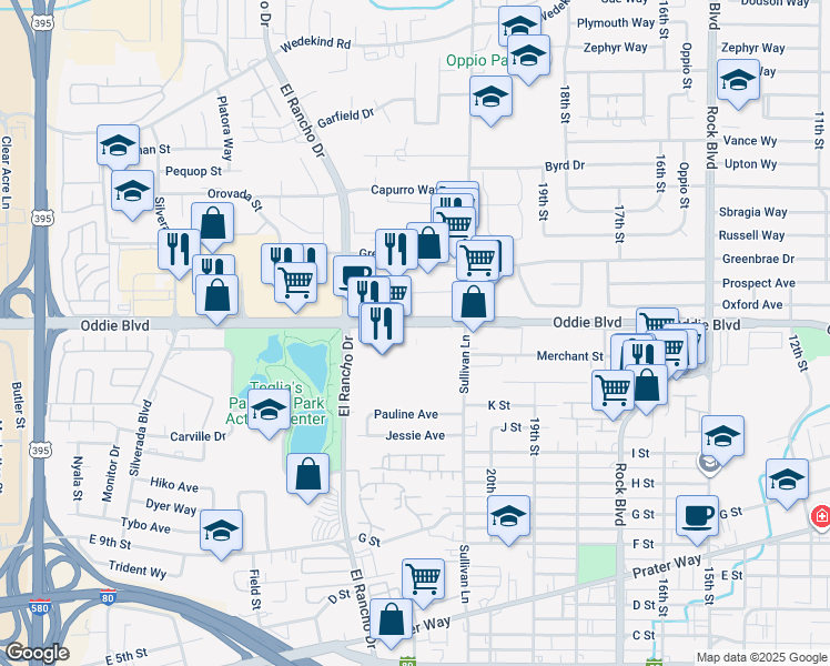 map of restaurants, bars, coffee shops, grocery stores, and more near 2125 Oddie Boulevard in Sparks