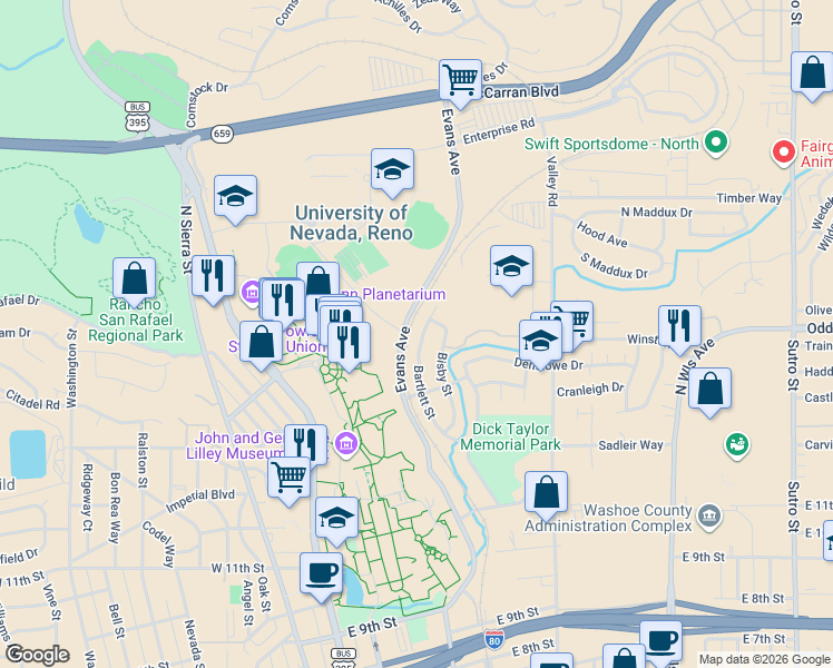 map of restaurants, bars, coffee shops, grocery stores, and more near 175 Bisby Street in Reno