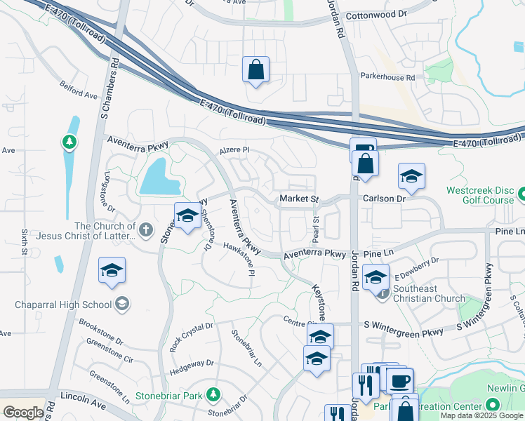 map of restaurants, bars, coffee shops, grocery stores, and more near 9438 Ashbury Circle in Parker