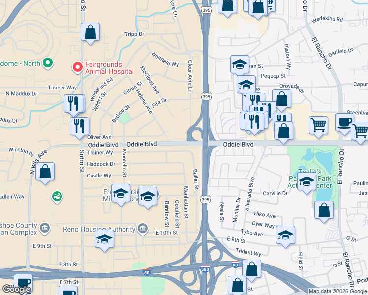 map of restaurants, bars, coffee shops, grocery stores, and more near 1960 Trainer Way in Reno