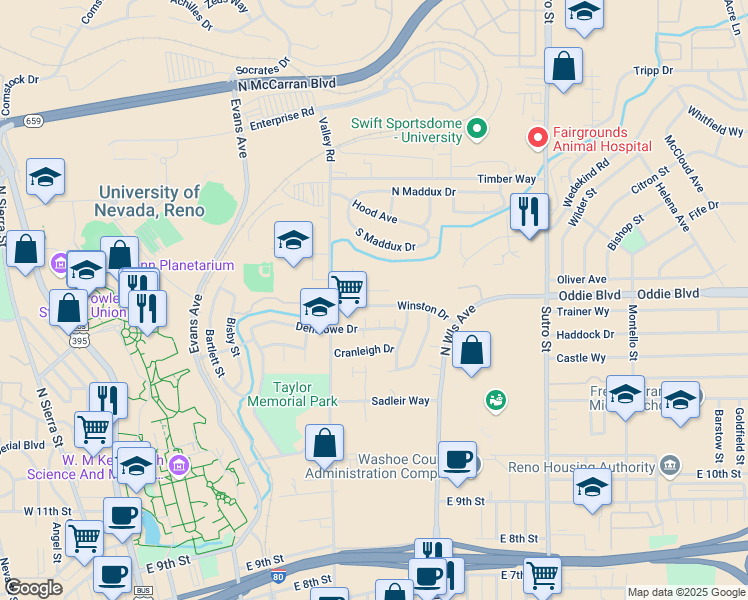 map of restaurants, bars, coffee shops, grocery stores, and more near 625 Winston Drive in Reno