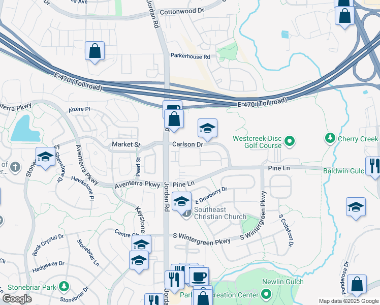 map of restaurants, bars, coffee shops, grocery stores, and more near 16980 Carlson Drive in Parker