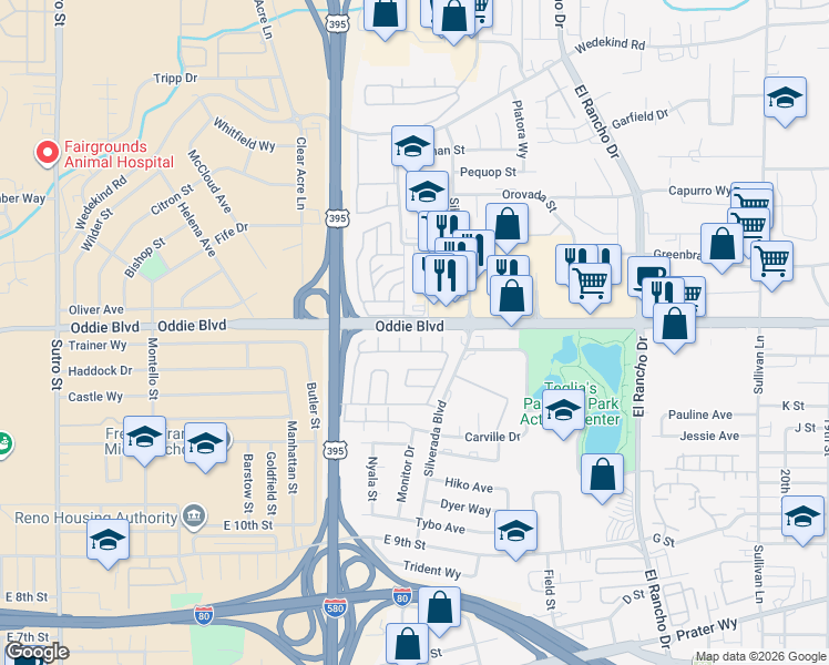 map of restaurants, bars, coffee shops, grocery stores, and more near 1331 Silverada Boulevard in Reno