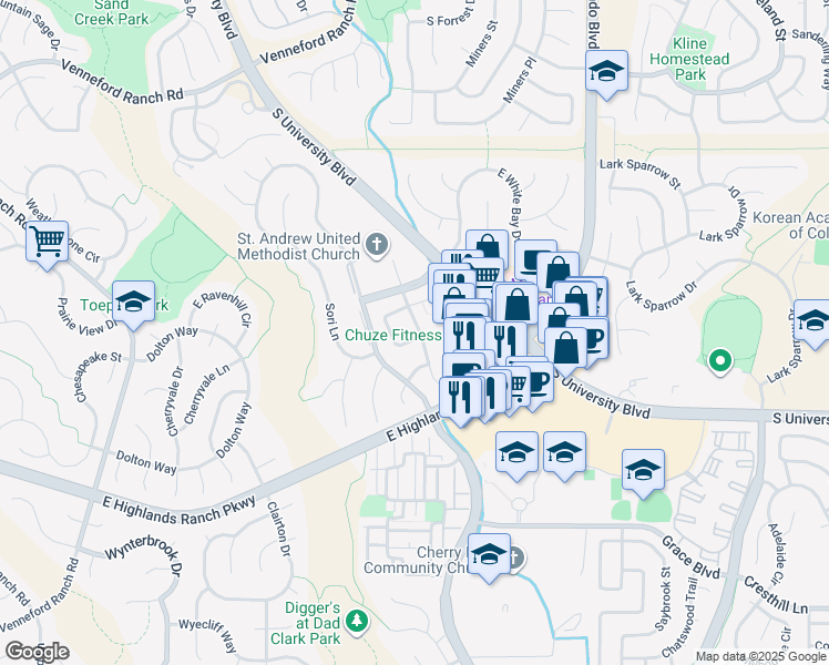 map of restaurants, bars, coffee shops, grocery stores, and more near 3301 Cascina Circle in Highlands Ranch