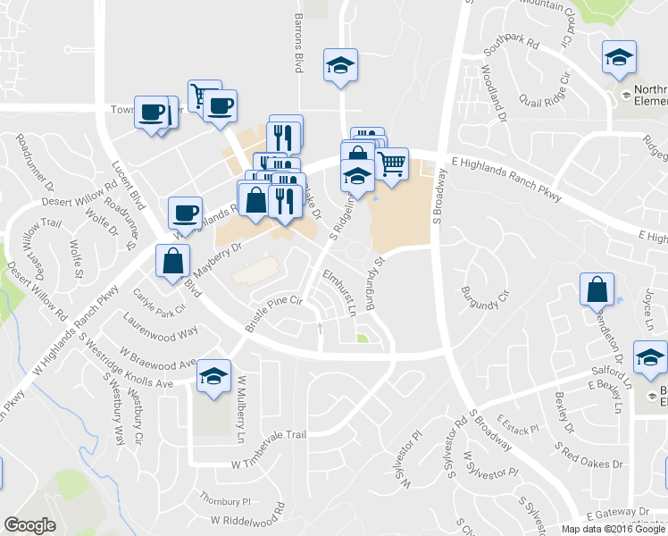map of restaurants, bars, coffee shops, grocery stores, and more near 9461 Elmhurst Lane in Highlands Ranch