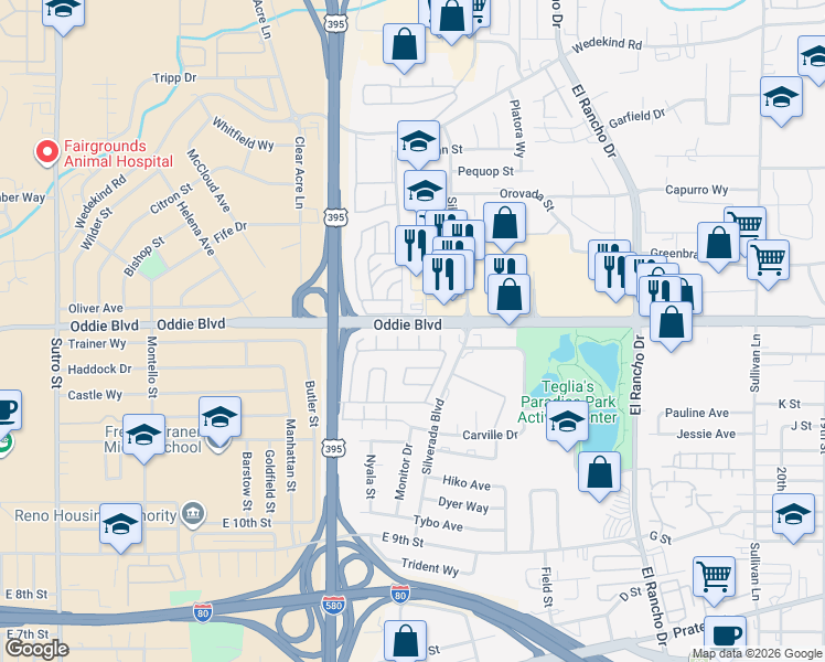 map of restaurants, bars, coffee shops, grocery stores, and more near 1331 Silverada Boulevard in Reno