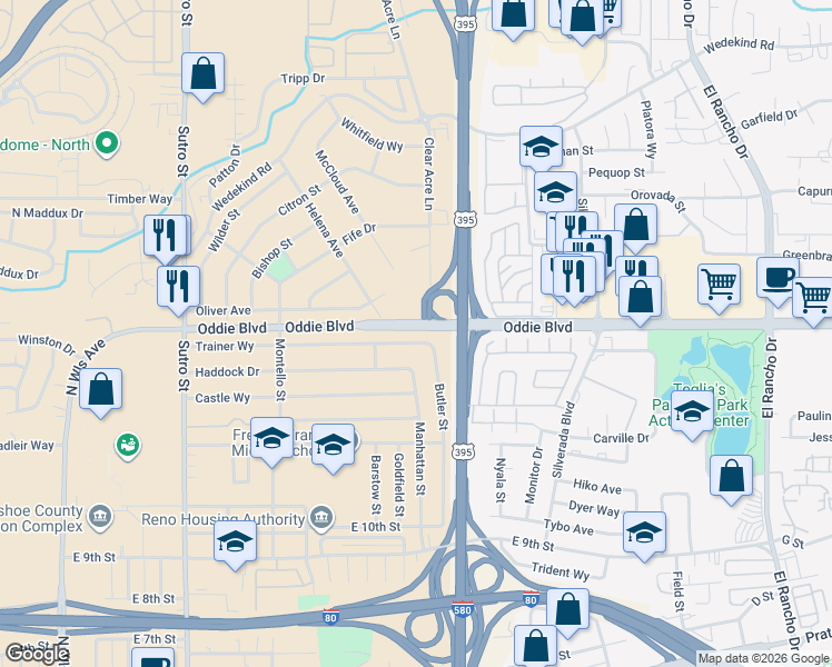 map of restaurants, bars, coffee shops, grocery stores, and more near 1960 Trainer Way in Reno