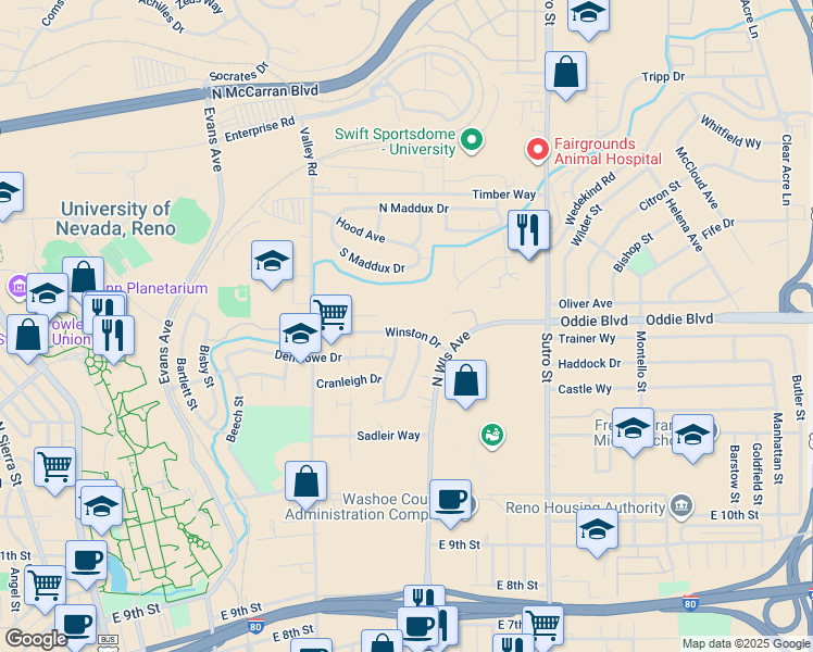 map of restaurants, bars, coffee shops, grocery stores, and more near 960 Southworth Drive in Reno