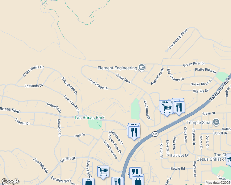 map of restaurants, bars, coffee shops, grocery stores, and more near 2835 Royal Sage Court in Reno