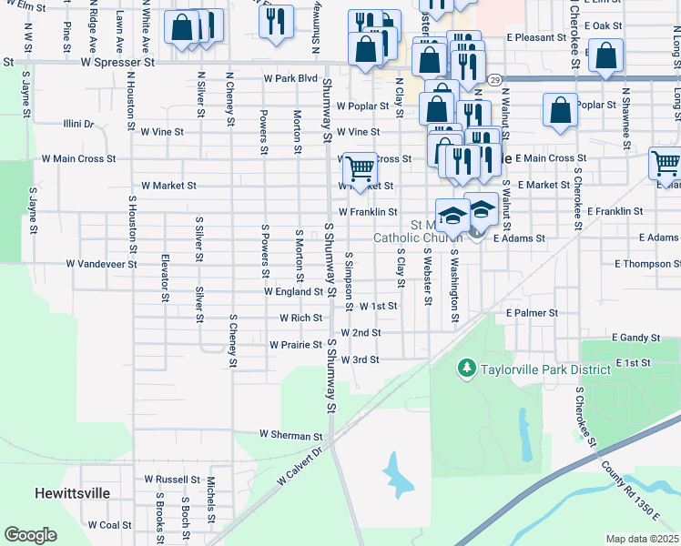 map of restaurants, bars, coffee shops, grocery stores, and more near 522 West Maple Street in Taylorville