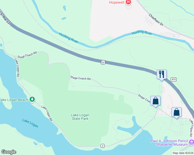 map of restaurants, bars, coffee shops, grocery stores, and more near 30087 Stage Coach Road in Logan