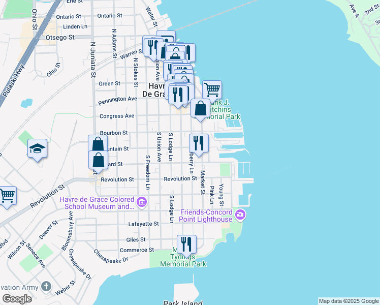 map of restaurants, bars, coffee shops, grocery stores, and more near 308 Strawberry Lane in Havre de Grace