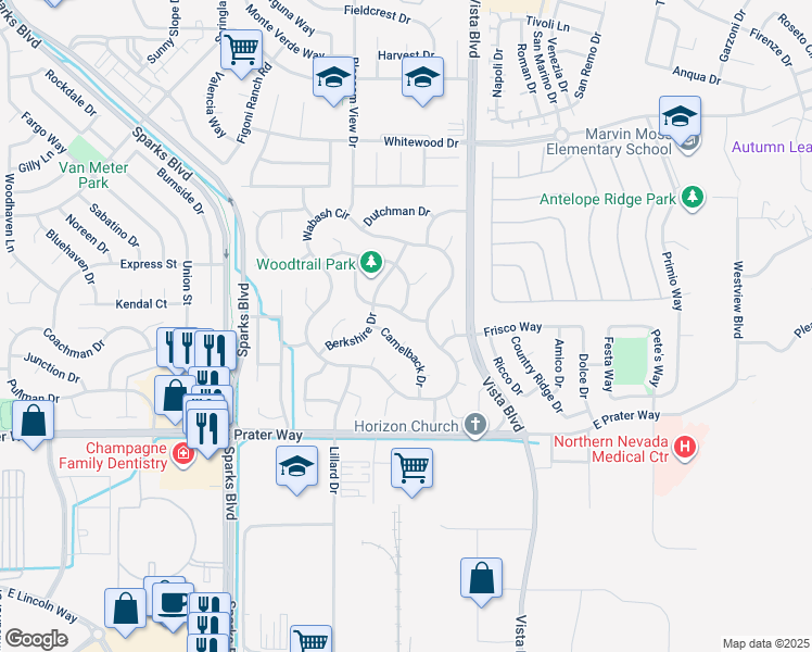 map of restaurants, bars, coffee shops, grocery stores, and more near 1829 Camelback Drive in Sparks
